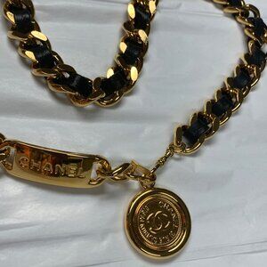 Vintage Chain Belt CHANEL Gold Plated Black Leather CC Logos Coin